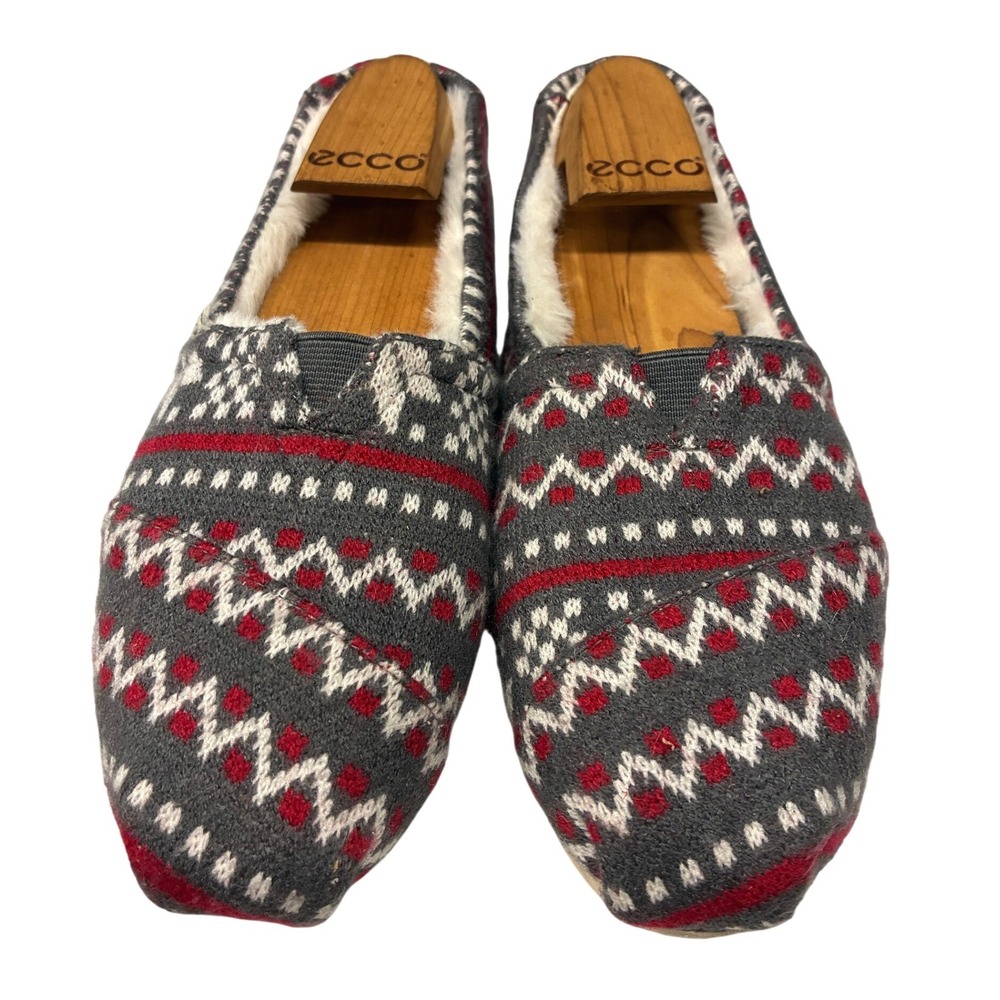 TOMS Alpargata Slippers Shoes Womens 6 Red Fair Isle Fleece Slip On Cozy Winter